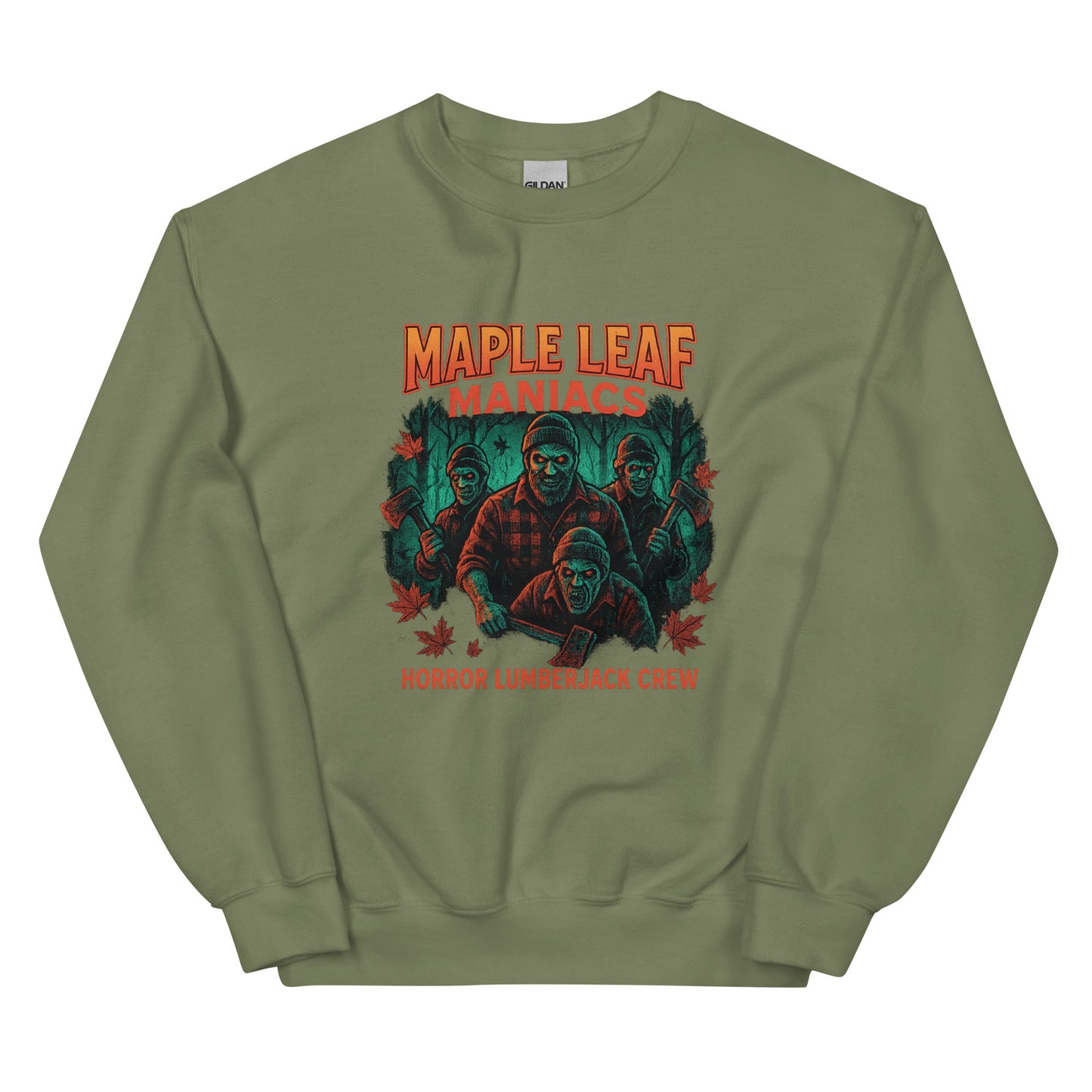 Maple Leaf Maniacs – Horror Lumberjack Crew Unisex Sweatshirt  from Rare Plus Apparel – unique movie & pop culture inspired design.