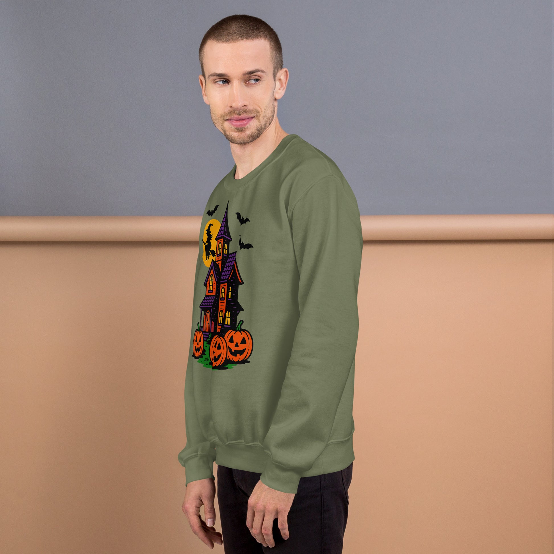 Haunted Halloween House Unisex Sweatshirt  from Rare Plus Apparel – unique movie & pop culture inspired design.