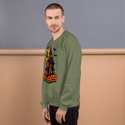 Haunted Halloween House Unisex Sweatshirt  from Rare Plus Apparel – unique movie & pop culture inspired design.