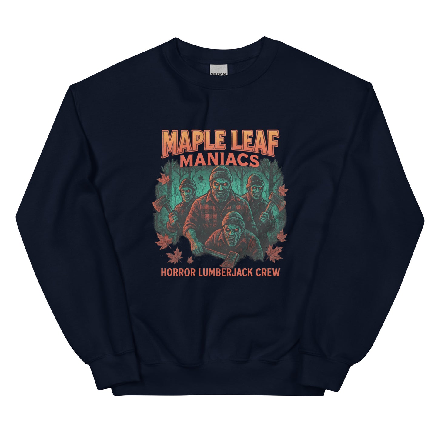 Maple Leaf Maniacs – Horror Lumberjack Crew Unisex Sweatshirt  from Rare Plus Apparel – unique movie & pop culture inspired design.