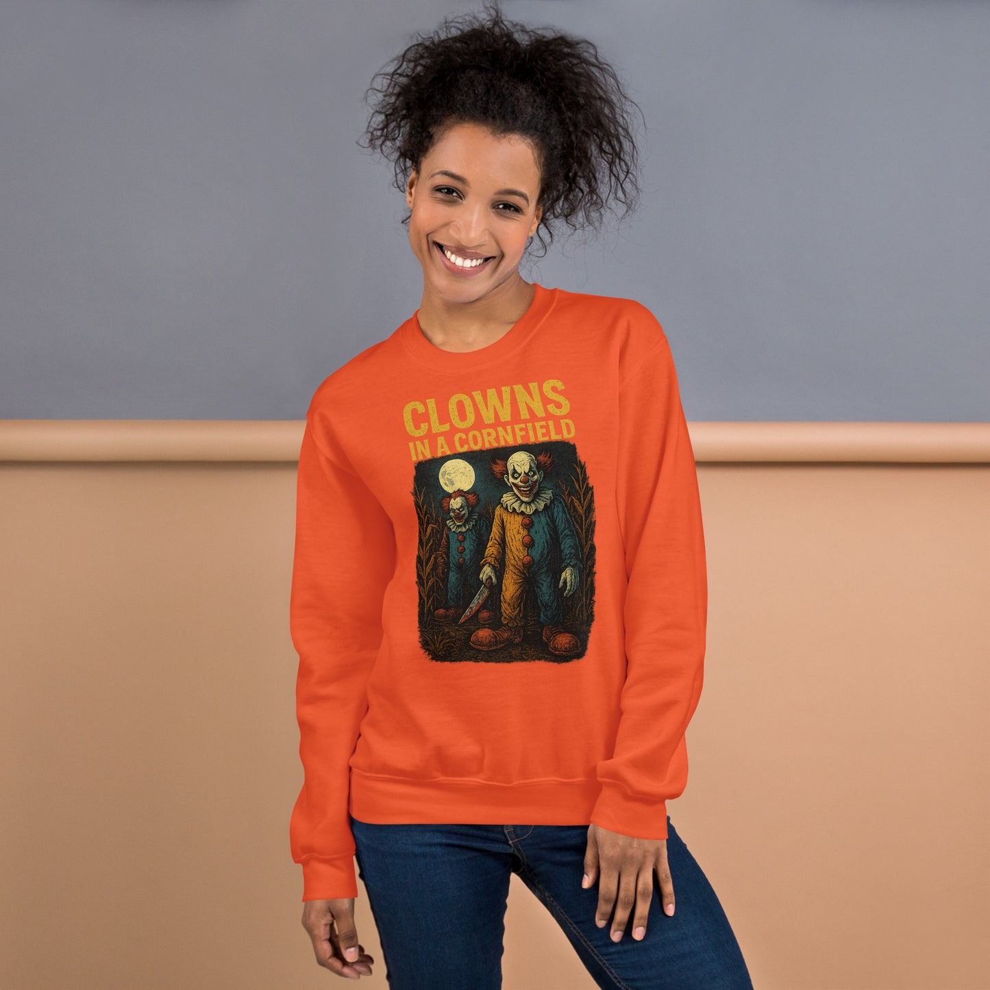 Clowns in a Cornfield Unisex Sweatshirt  from Rare Plus Apparel – unique movie & pop culture inspired design.