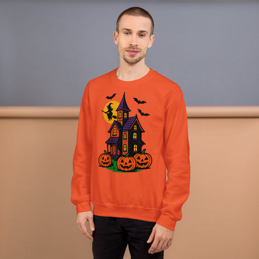 Haunted Halloween House Unisex Sweatshirt  from Rare Plus Apparel – unique movie & pop culture inspired design.
