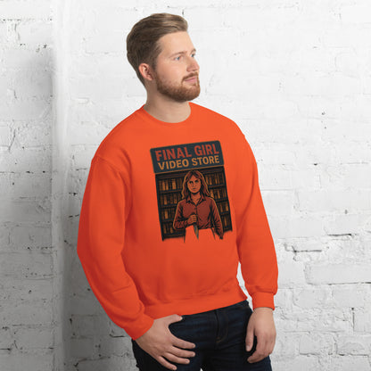 Final Girl Video Store Unisex Sweatshirt  from Rare Plus Apparel – unique movie & pop culture inspired design.