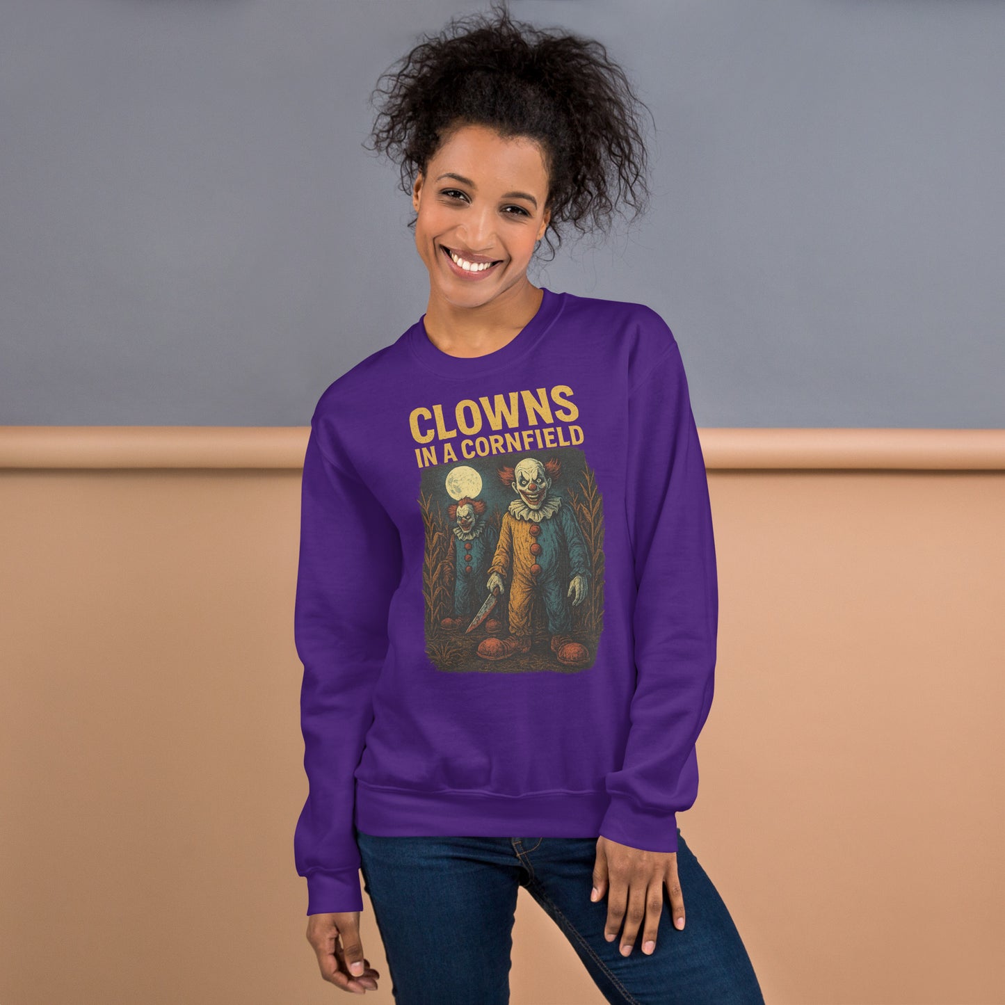 Clowns in a Cornfield Unisex Sweatshirt  from Rare Plus Apparel – unique movie & pop culture inspired design.