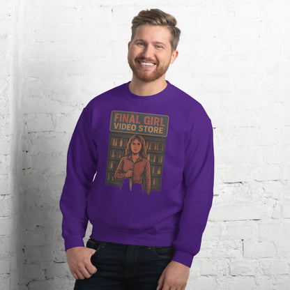 Final Girl Video Store Unisex Sweatshirt  from Rare Plus Apparel – unique movie & pop culture inspired design.