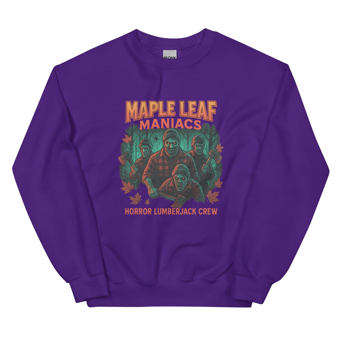 Maple Leaf Maniacs – Horror Lumberjack Crew Unisex Sweatshirt  from Rare Plus Apparel – unique movie & pop culture inspired design.