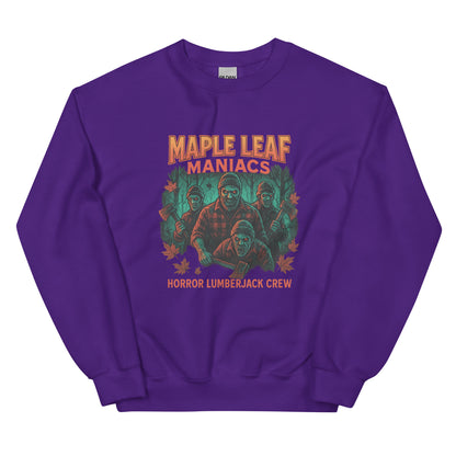 Maple Leaf Maniacs – Horror Lumberjack Crew Unisex Sweatshirt  from Rare Plus Apparel – unique movie & pop culture inspired design.