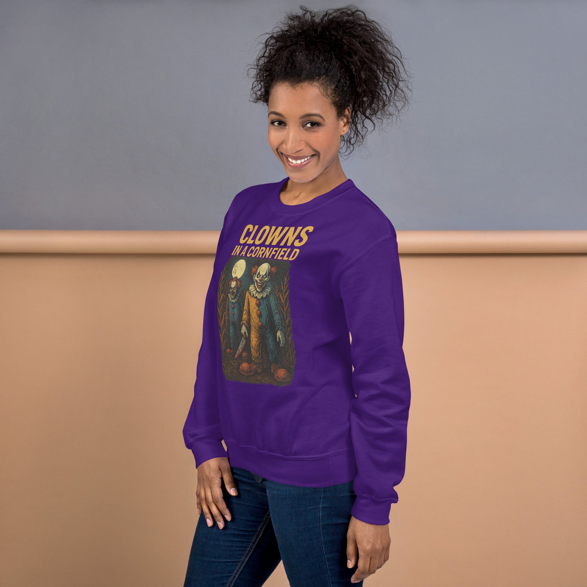Clowns in a Cornfield Unisex Sweatshirt  from Rare Plus Apparel – unique movie & pop culture inspired design.