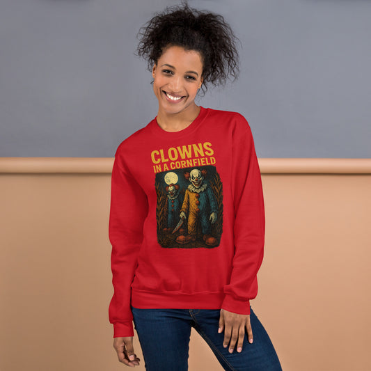 Clowns in a Cornfield Unisex Sweatshirt  from Rare Plus Apparel – unique movie & pop culture inspired design.