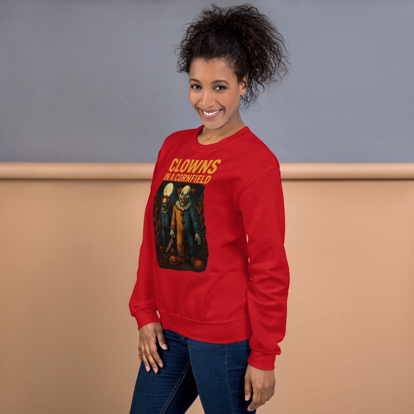 Clowns in a Cornfield Unisex Sweatshirt  from Rare Plus Apparel – unique movie & pop culture inspired design.