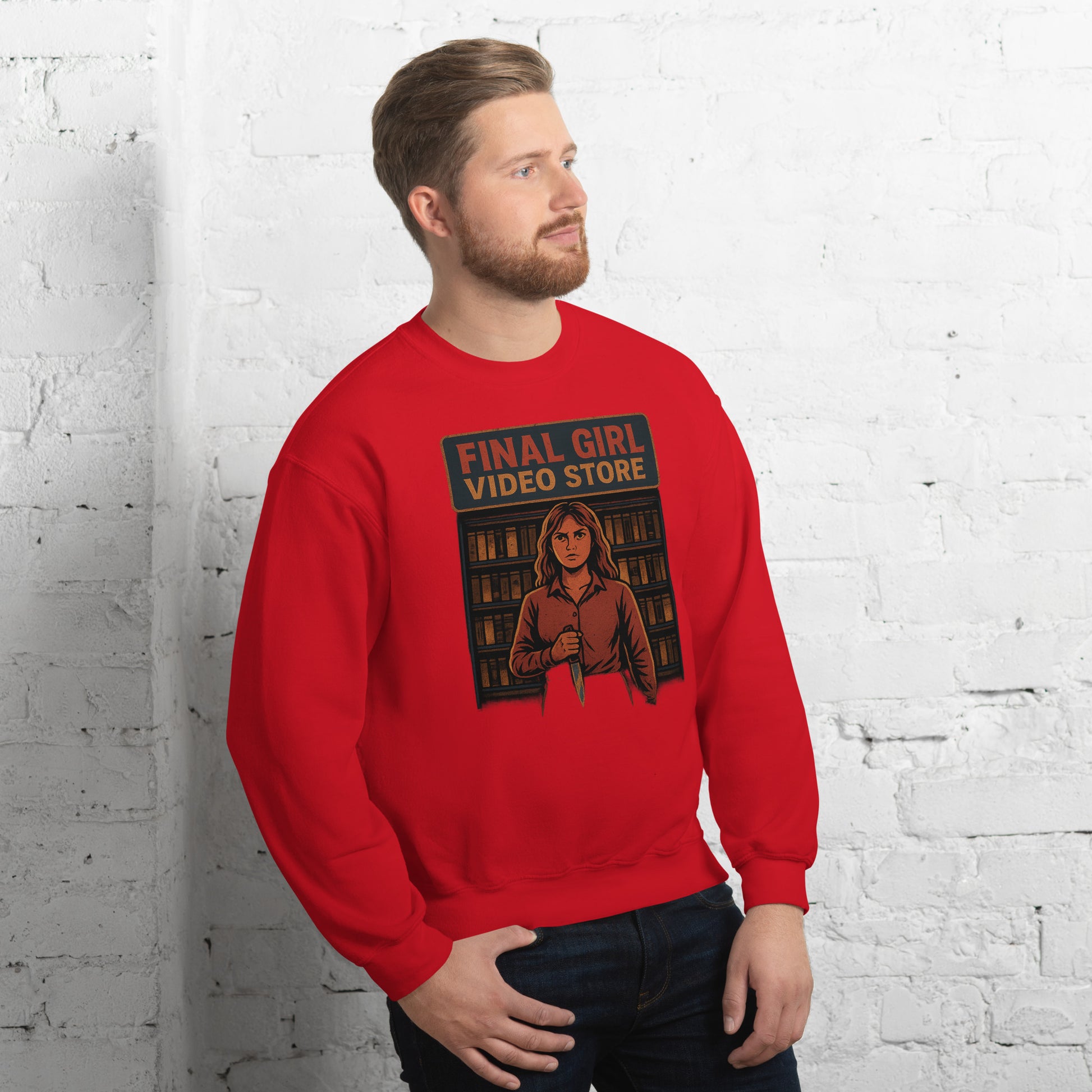 Final Girl Video Store Unisex Sweatshirt  from Rare Plus Apparel – unique movie & pop culture inspired design.