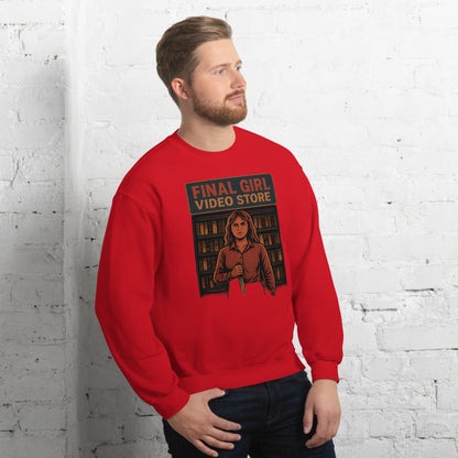 Final Girl Video Store Unisex Sweatshirt  from Rare Plus Apparel – unique movie & pop culture inspired design.