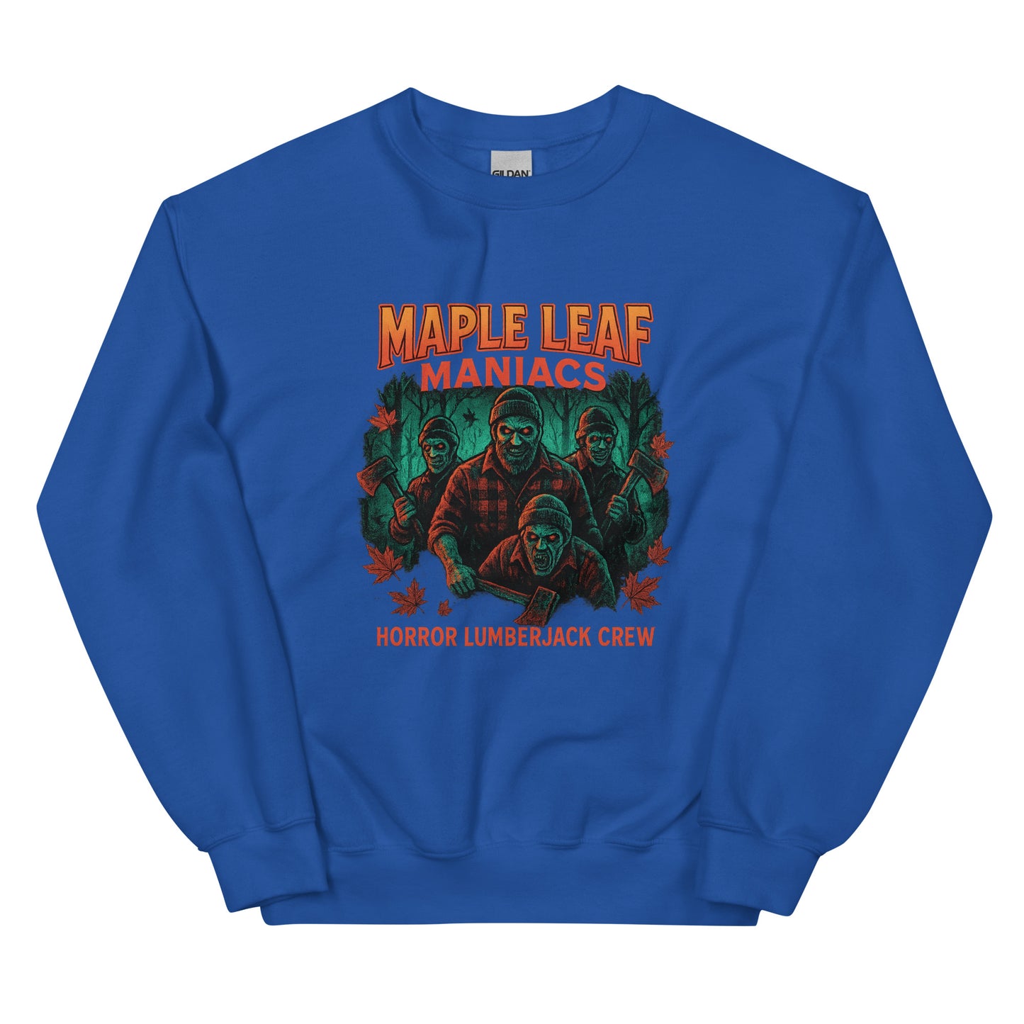 Maple Leaf Maniacs – Horror Lumberjack Crew Unisex Sweatshirt  from Rare Plus Apparel – unique movie & pop culture inspired design.