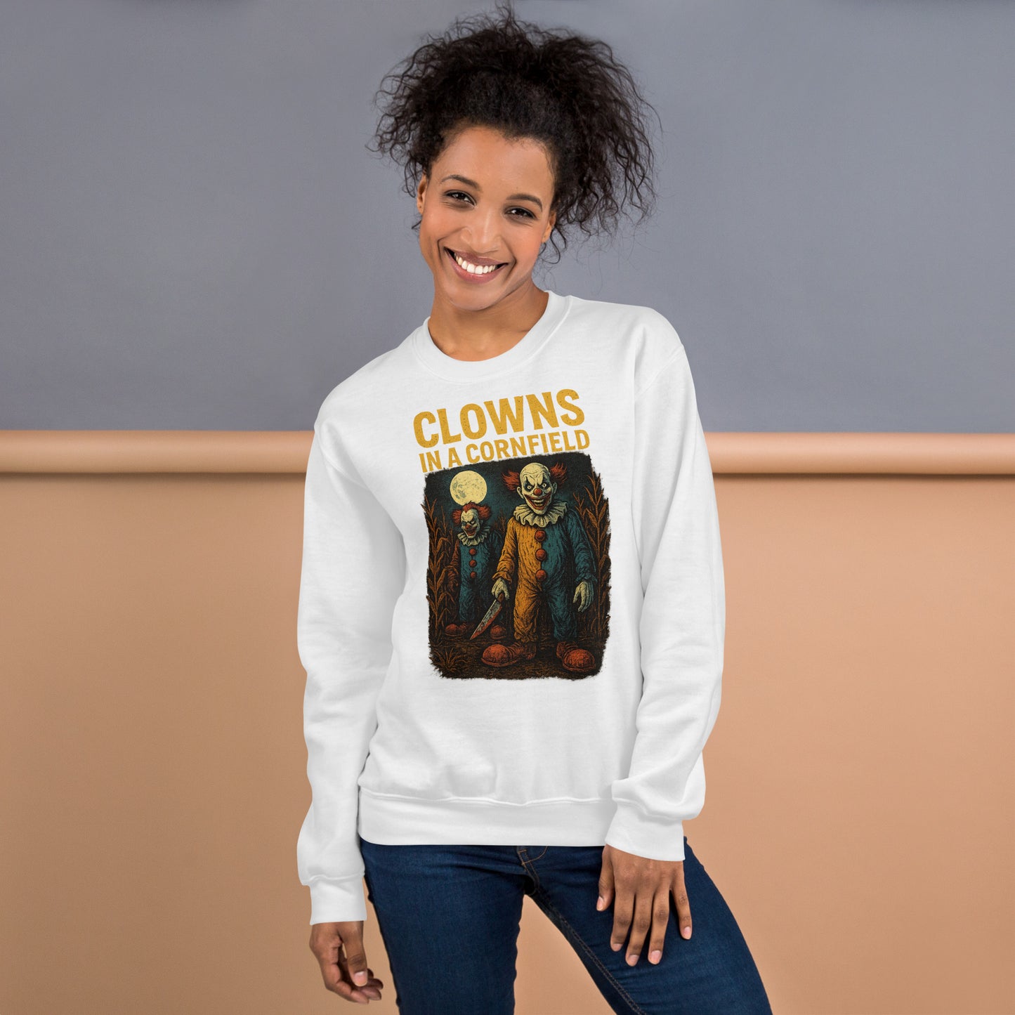 Clowns in a Cornfield Unisex Sweatshirt  from Rare Plus Apparel – unique movie & pop culture inspired design.