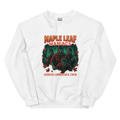 Maple Leaf Maniacs – Horror Lumberjack Crew Unisex Sweatshirt  from Rare Plus Apparel – unique movie & pop culture inspired design.