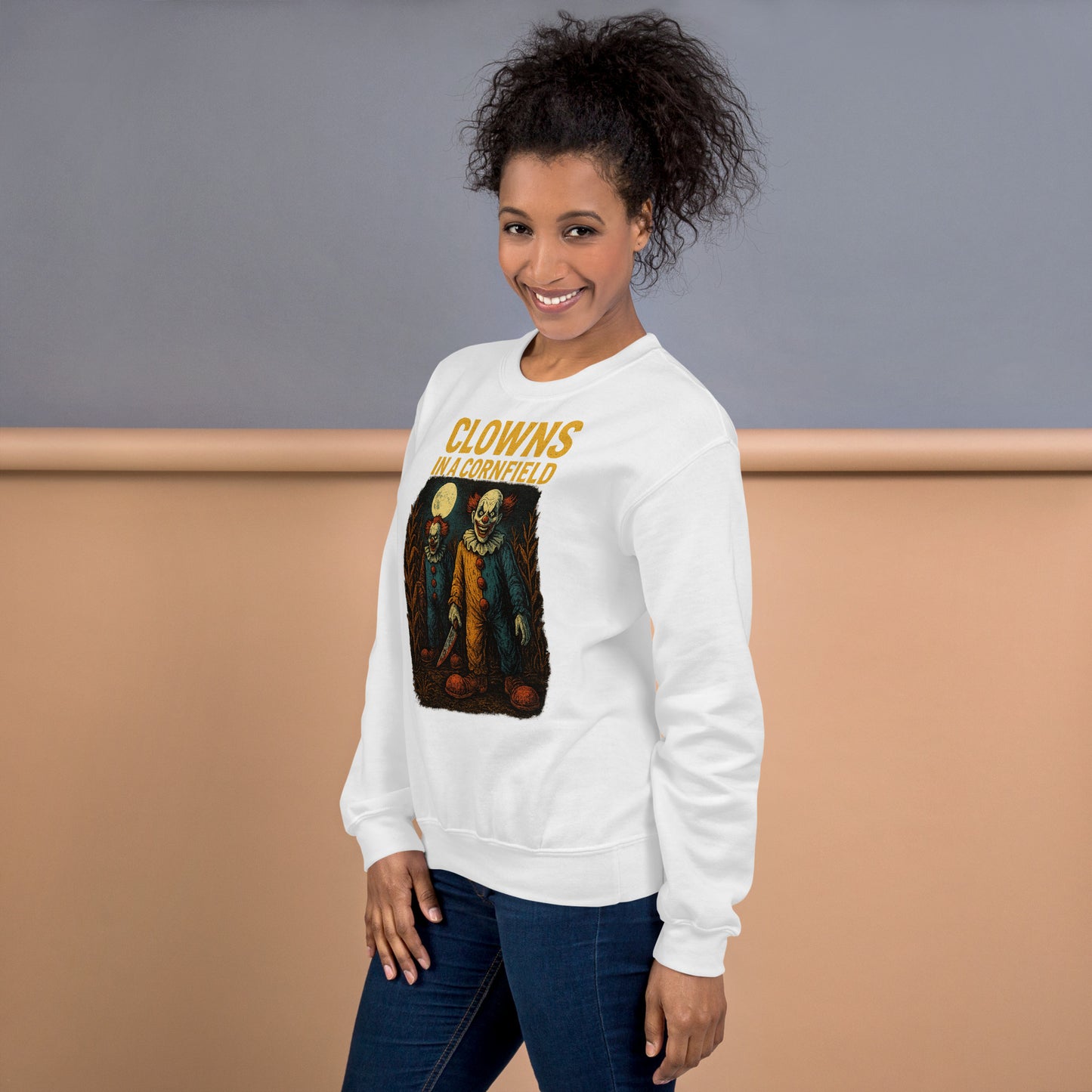 Clowns in a Cornfield Unisex Sweatshirt  from Rare Plus Apparel – unique movie & pop culture inspired design.