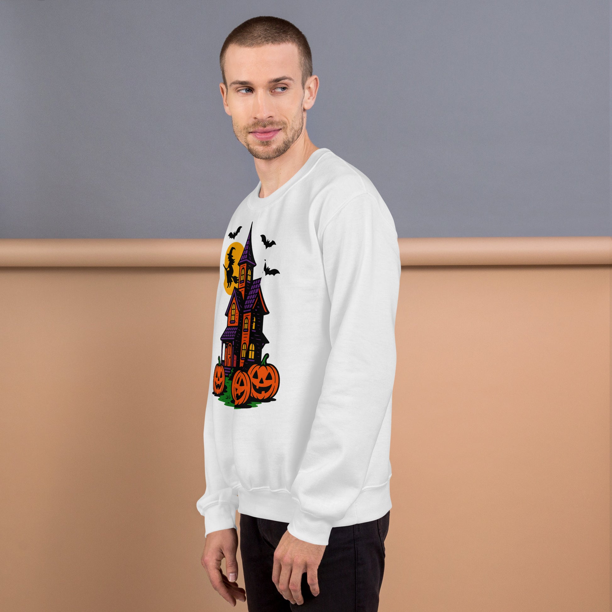 Haunted Halloween House Unisex Sweatshirt  from Rare Plus Apparel – unique movie & pop culture inspired design.