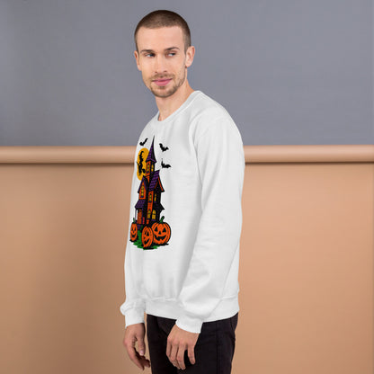 Haunted Halloween House Unisex Sweatshirt  from Rare Plus Apparel – unique movie & pop culture inspired design.