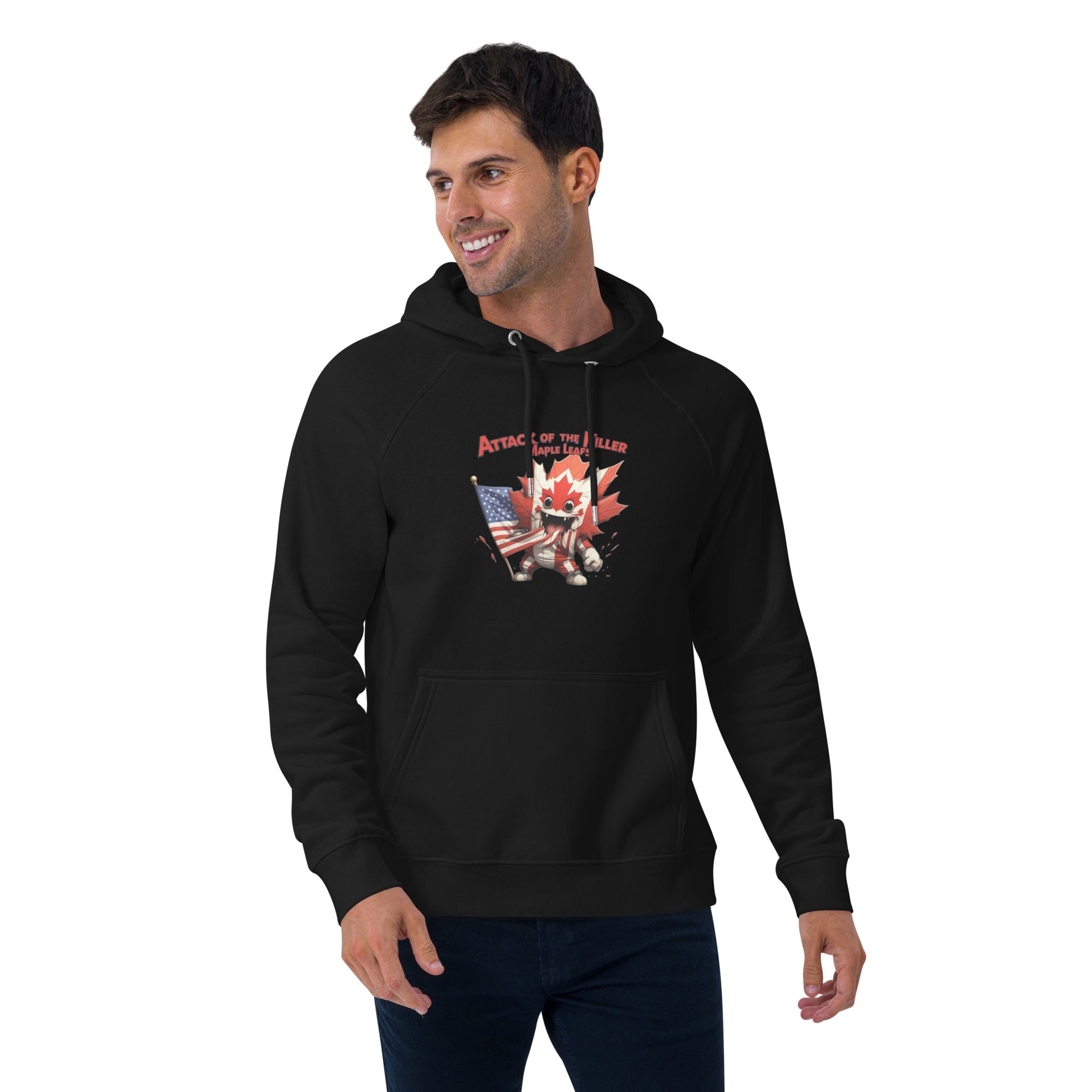 Maple Mayhem Unisex eco raglan hoodie  from Rare Plus Apparel – unique movie & pop culture inspired design.