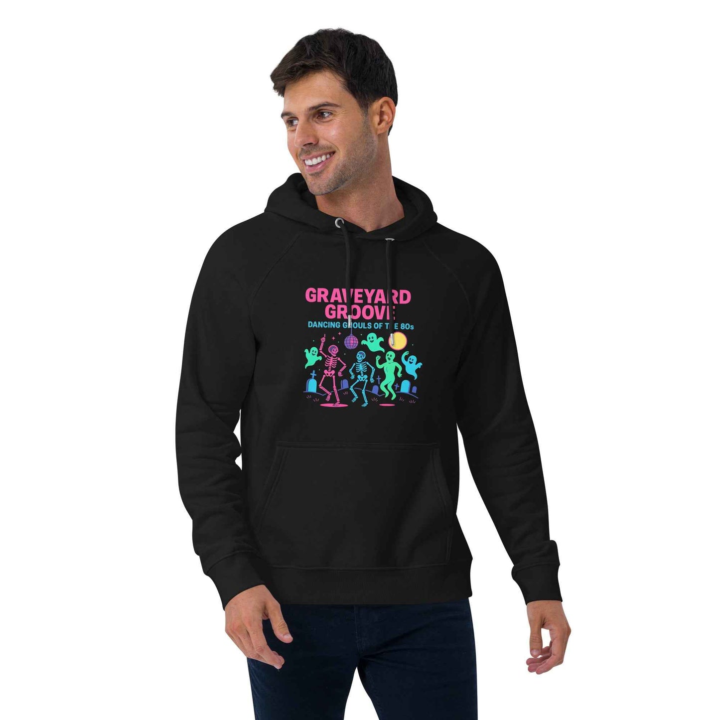 Graveyard Groove – Dancing Ghouls of the 80s Unisex hoodie eco raglan