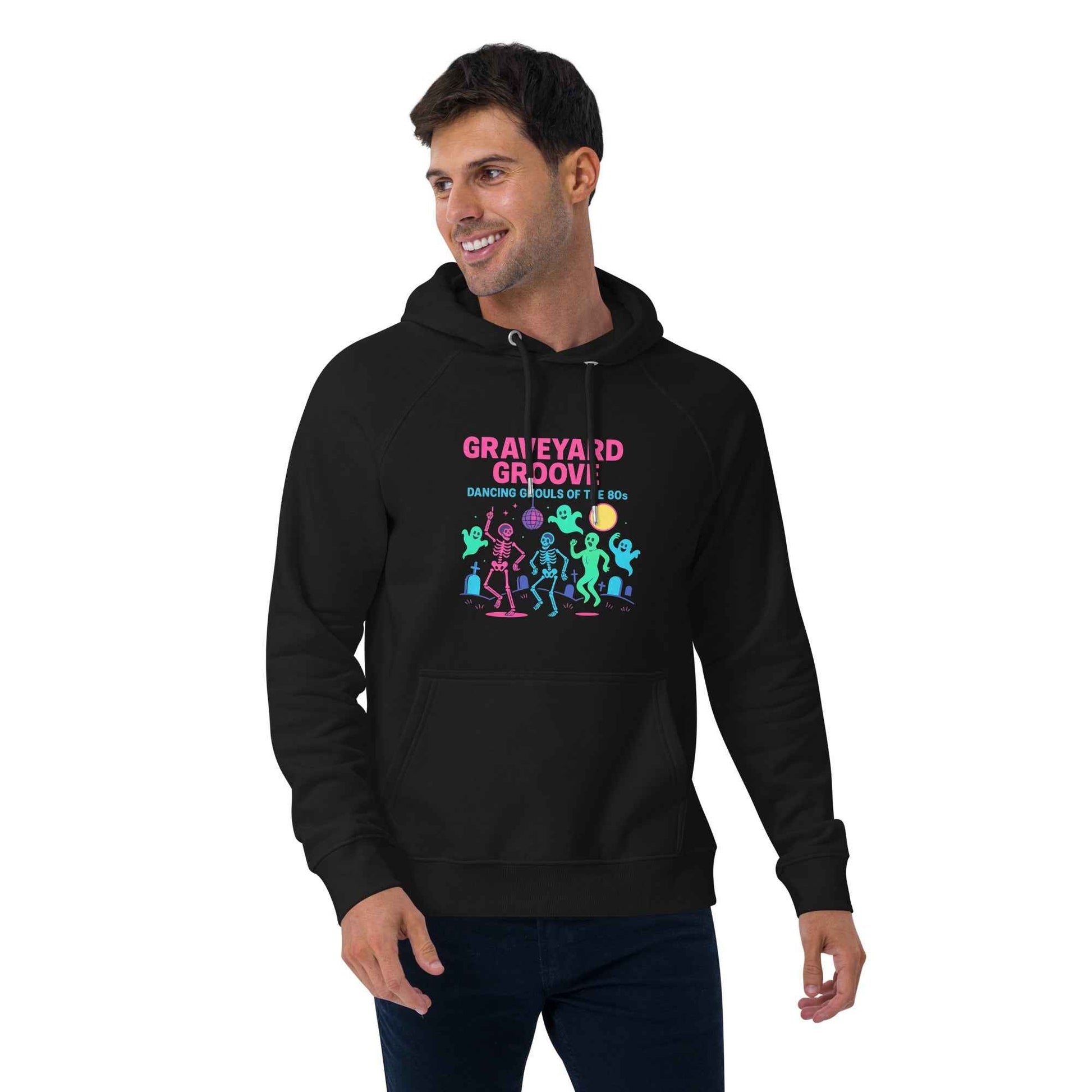 Graveyard Groove – Dancing Ghouls of the 80s Unisex hoodie eco raglan