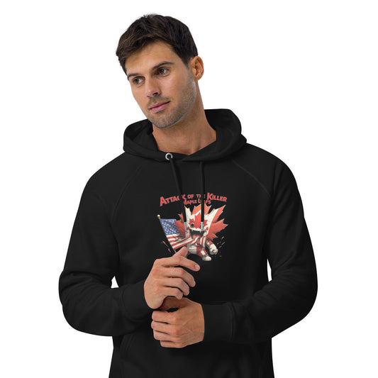 Maple Mayhem Unisex eco raglan hoodie  from Rare Plus Apparel – unique movie & pop culture inspired design.