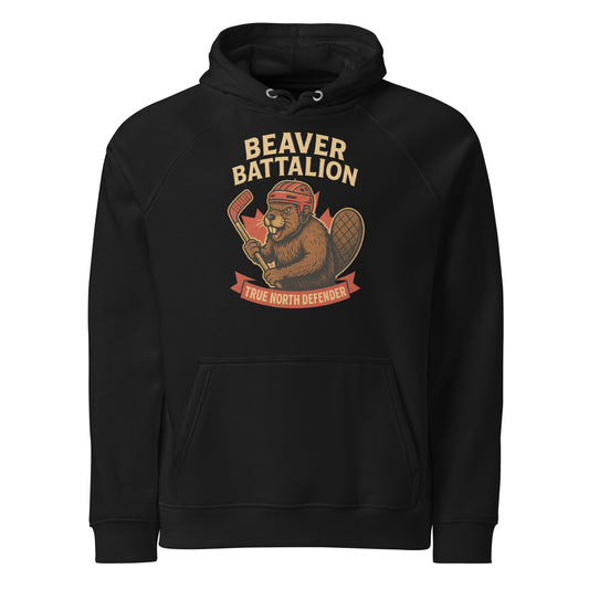 Beaver Battalion – True North Defender Unisex eco raglan hoodie  from Rare Plus Apparel – unique movie & pop culture inspired design.