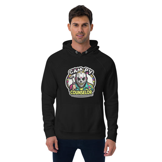 Campy Counselor Unisex eco raglan hoodie  from Rare Plus Apparel – unique movie & pop culture inspired design.