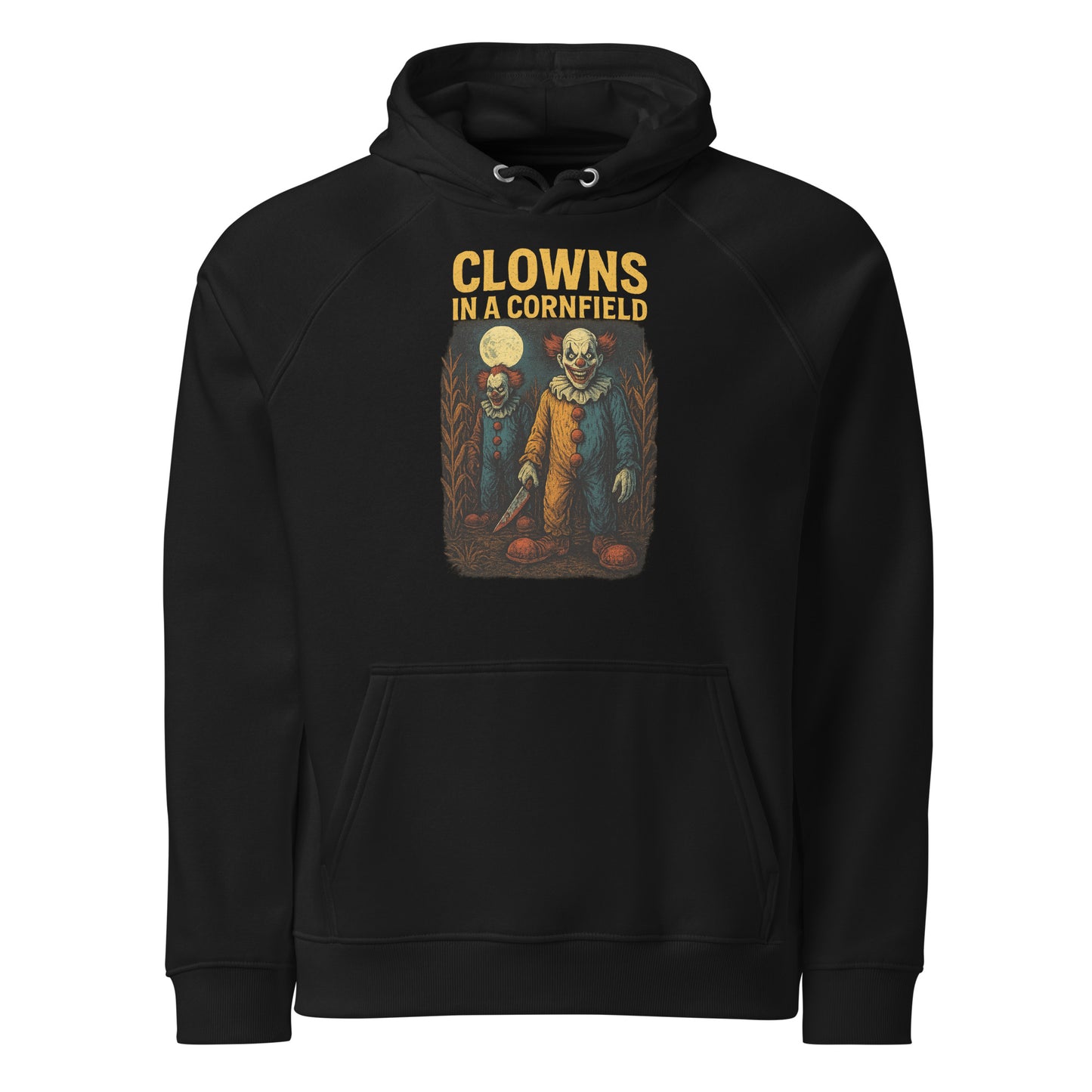 Clowns in a Cornfield Unisex eco raglan hoodie  from Rare Plus Apparel – unique movie & pop culture inspired design.