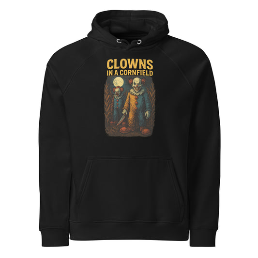 Clowns in a Cornfield Unisex eco raglan hoodie  from Rare Plus Apparel – unique movie & pop culture inspired design.