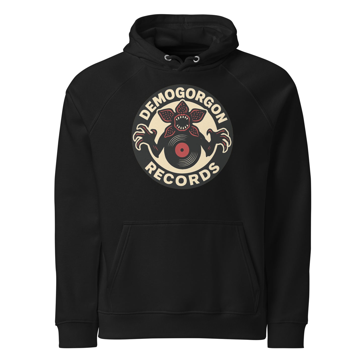 Demogorgon Records Unisex eco raglan hoodie  from Rare Plus Apparel – unique movie & pop culture inspired design.