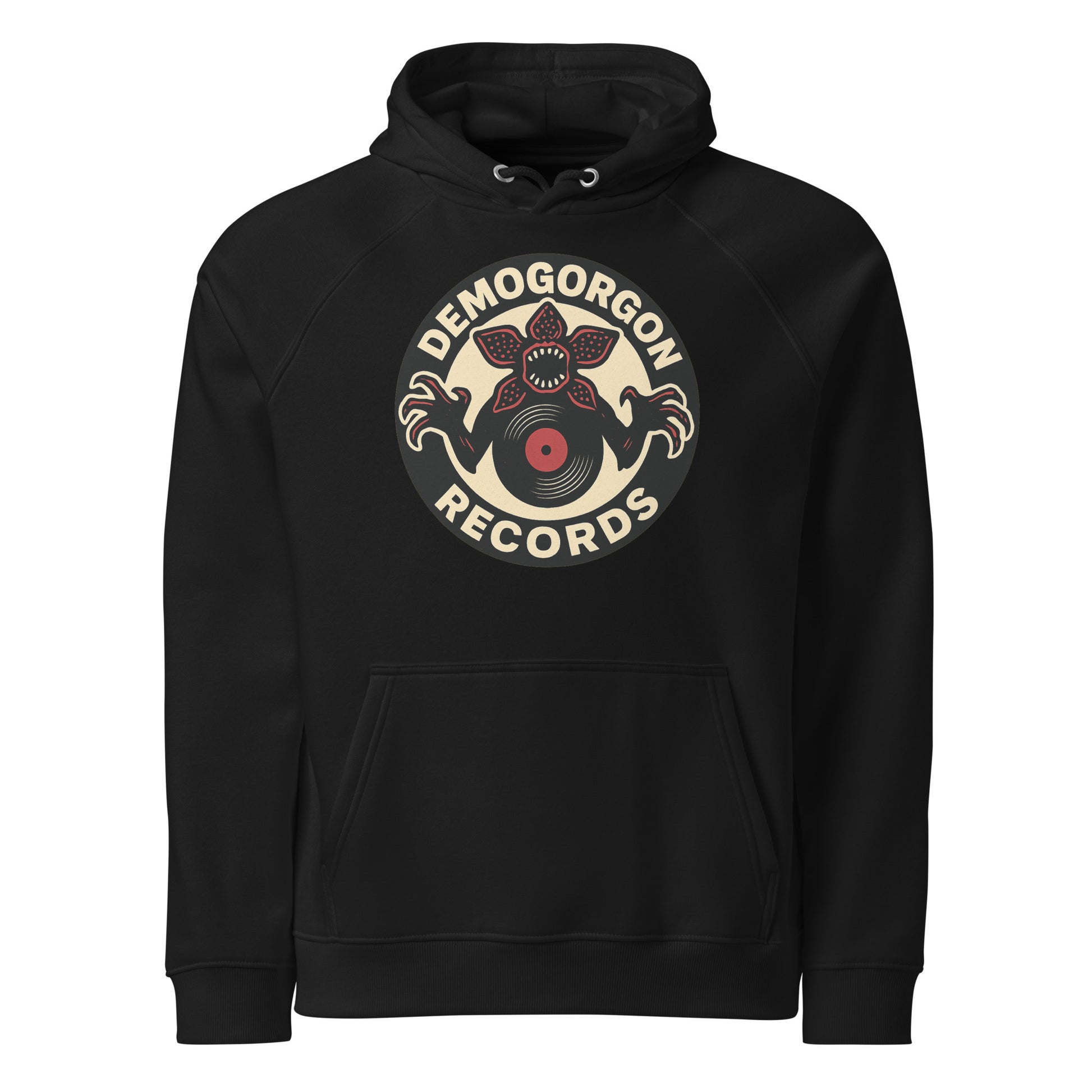 Demogorgon Records Unisex eco raglan hoodie  from Rare Plus Apparel – unique movie & pop culture inspired design.