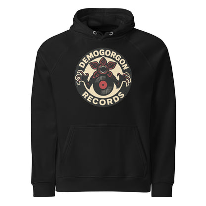 Demogorgon Records Unisex eco raglan hoodie  from Rare Plus Apparel – unique movie & pop culture inspired design.