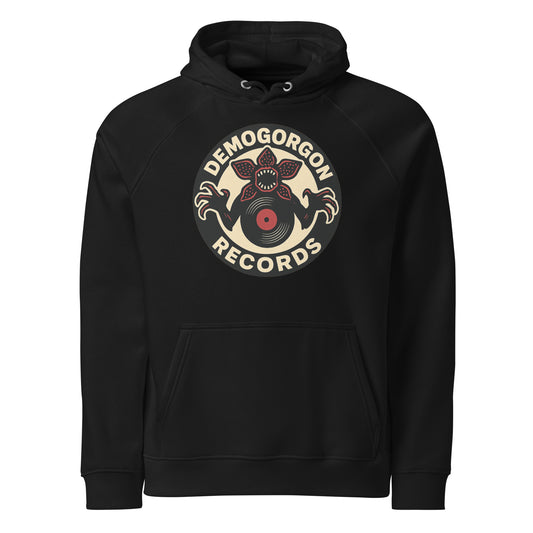 Demogorgon Records Unisex eco raglan hoodie  from Rare Plus Apparel – unique movie & pop culture inspired design.