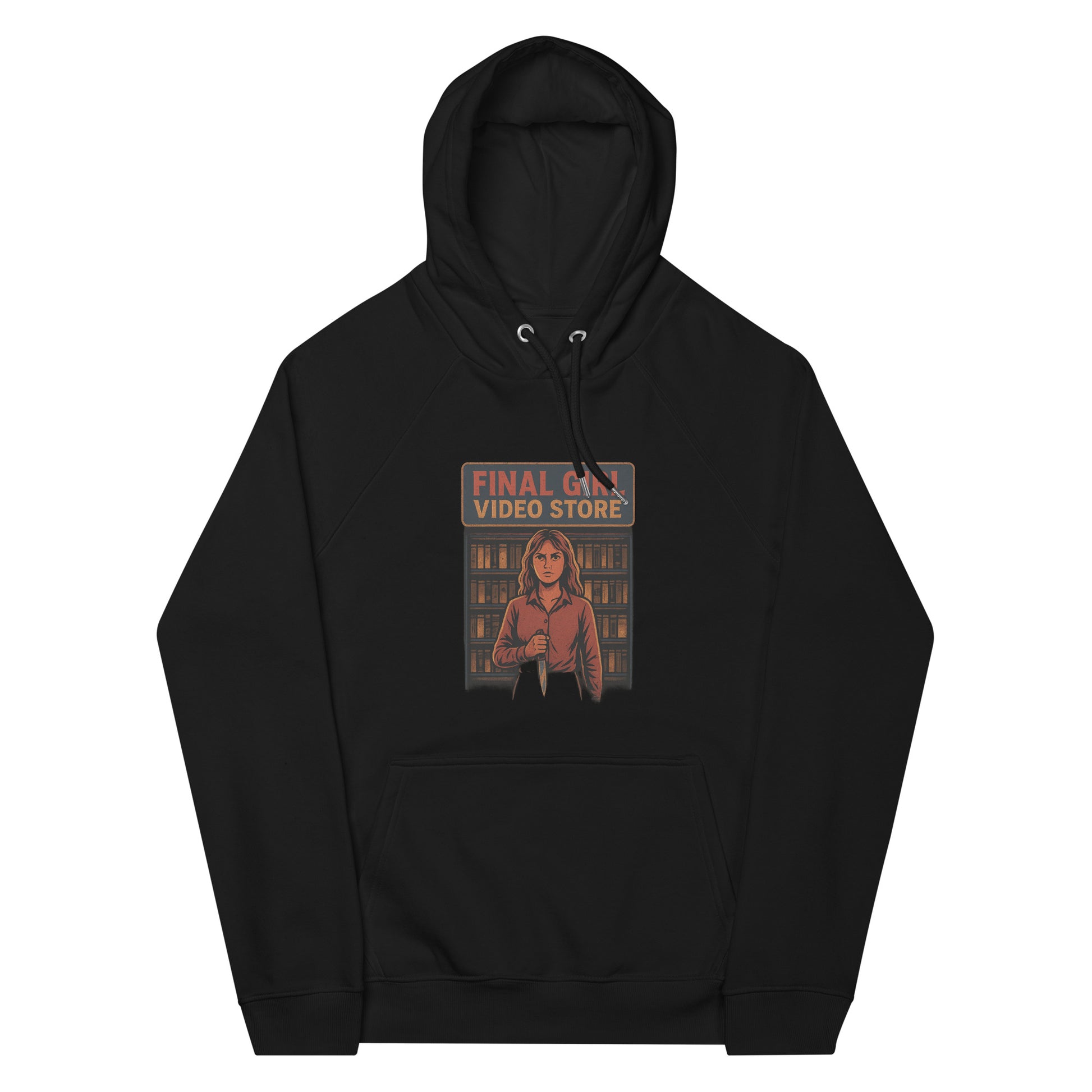 Final Girl Video Store Unisex eco raglan hoodie  from Rare Plus Apparel – unique movie & pop culture inspired design.