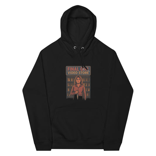 Final Girl Video Store Unisex eco raglan hoodie  from Rare Plus Apparel – unique movie & pop culture inspired design.