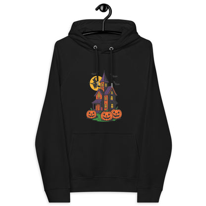 Haunted Halloween House Unisex eco raglan hoodie  from Rare Plus Apparel – unique movie & pop culture inspired design.