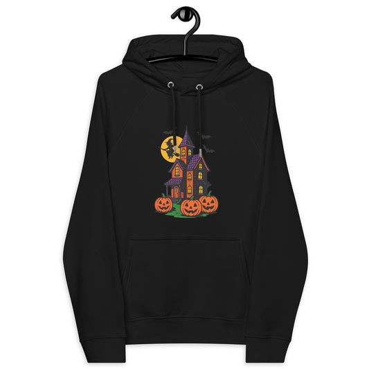 Haunted Halloween House Unisex eco raglan hoodie  from Rare Plus Apparel – unique movie & pop culture inspired design.