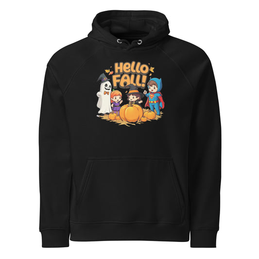 Hello Fall Unisex eco raglan hoodie  from Rare Plus Apparel – unique movie & pop culture inspired design.