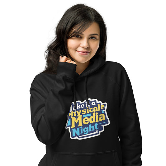 Make it a Physical Media Night Unisex eco raglan hoodie  from Rare Plus Apparel – unique movie & pop culture inspired design.