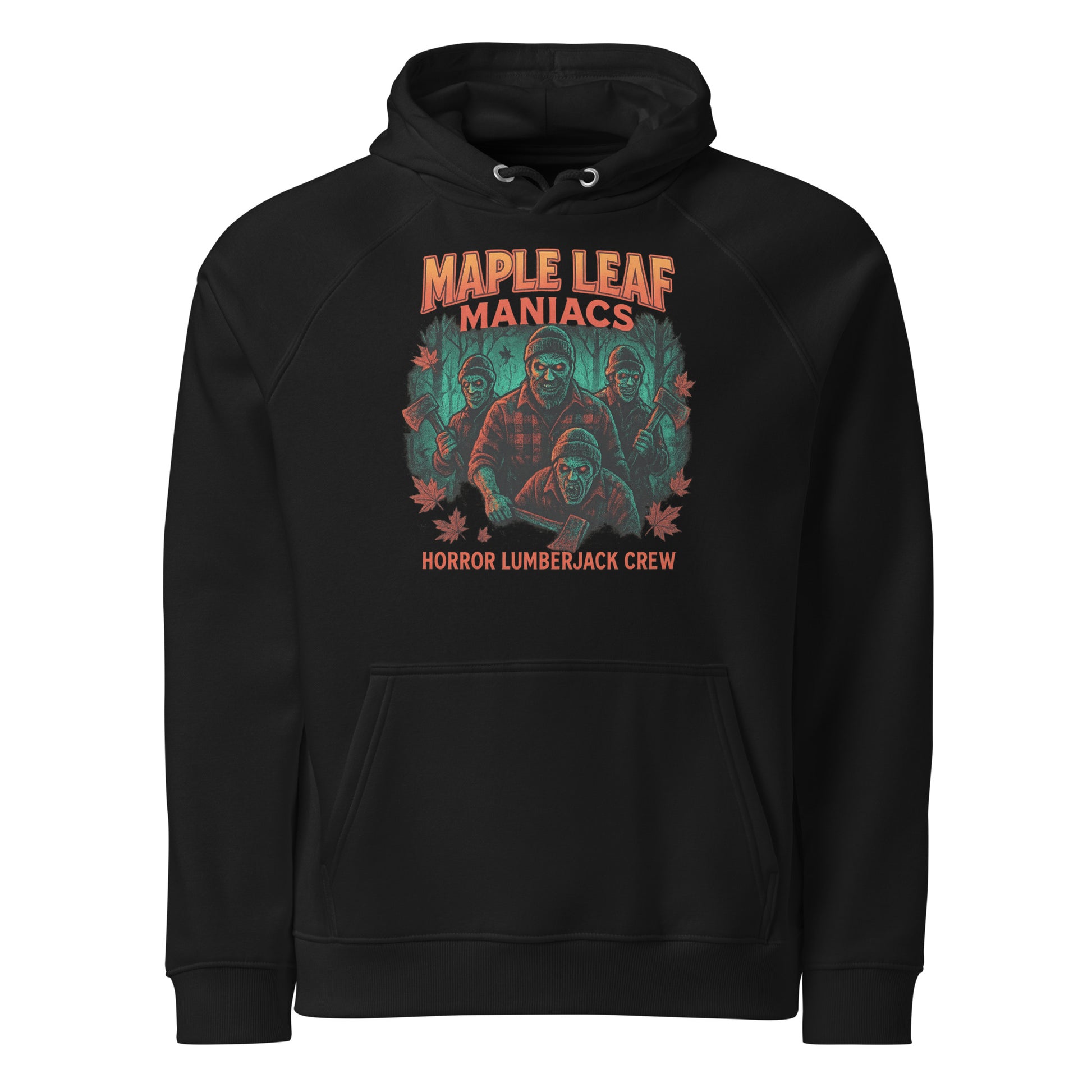 Maple Leaf Maniacs Unisex eco raglan hoodie  from Rare Plus Apparel – unique movie & pop culture inspired design.