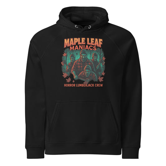 Maple Leaf Maniacs Unisex eco raglan hoodie  from Rare Plus Apparel – unique movie & pop culture inspired design.