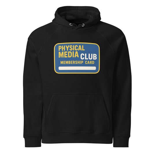 Physical Media Club Unisex eco raglan hoodie  from Rare Plus Apparel – unique movie & pop culture inspired design.