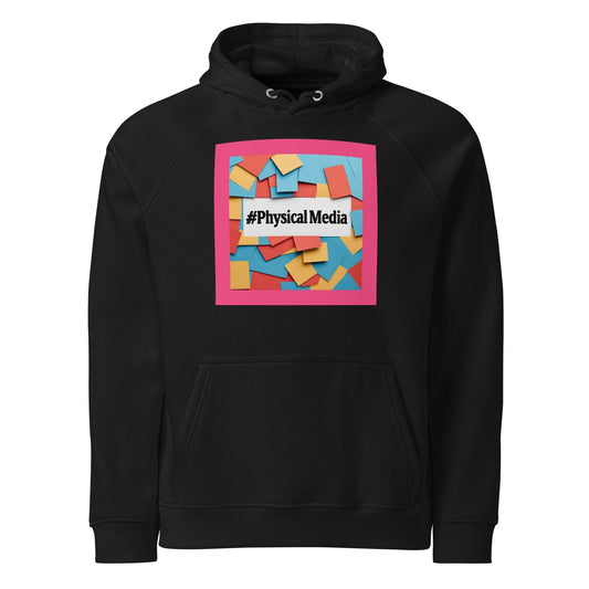 #PhysicalMedia Unisex eco raglan hoodie  from Rare Plus Apparel – unique movie & pop culture inspired design.