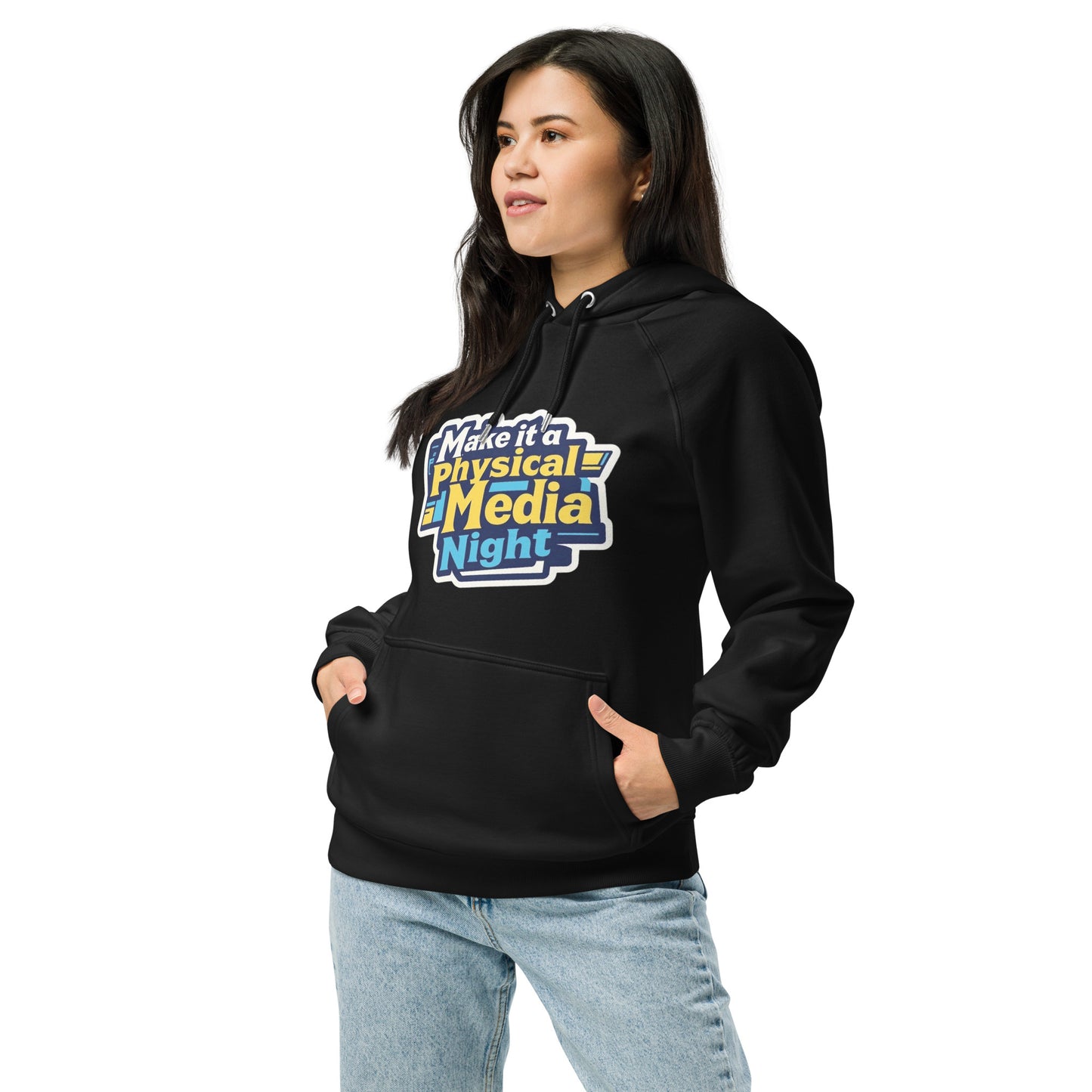 Make it a Physical Media Night Unisex eco raglan hoodie  from Rare Plus Apparel – unique movie & pop culture inspired design.