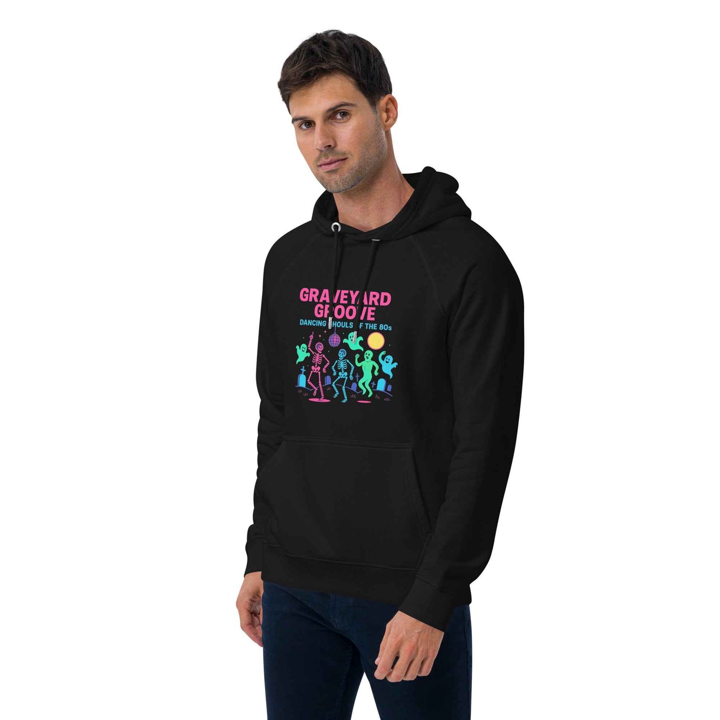 Graveyard Groove – Dancing Ghouls of the 80s Unisex hoodie eco raglan