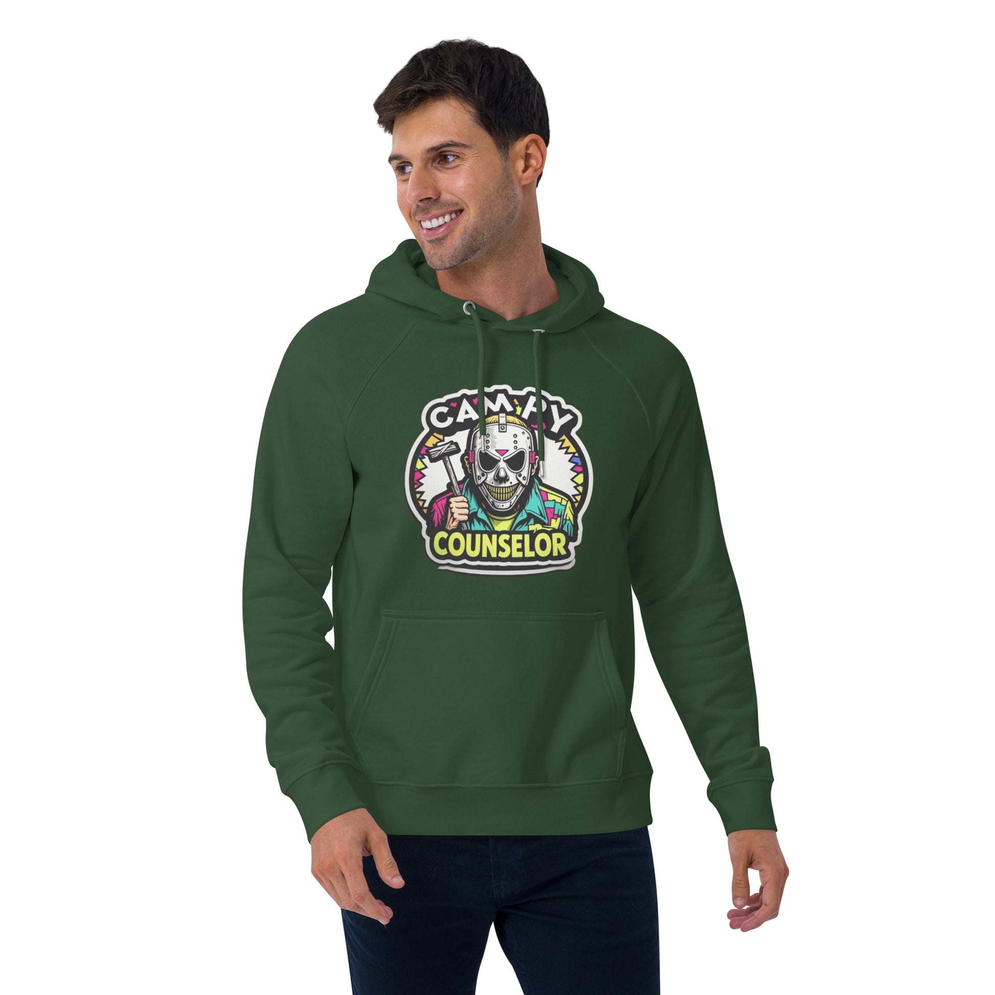 Campy Counselor Unisex eco raglan hoodie  from Rare Plus Apparel – unique movie & pop culture inspired design.