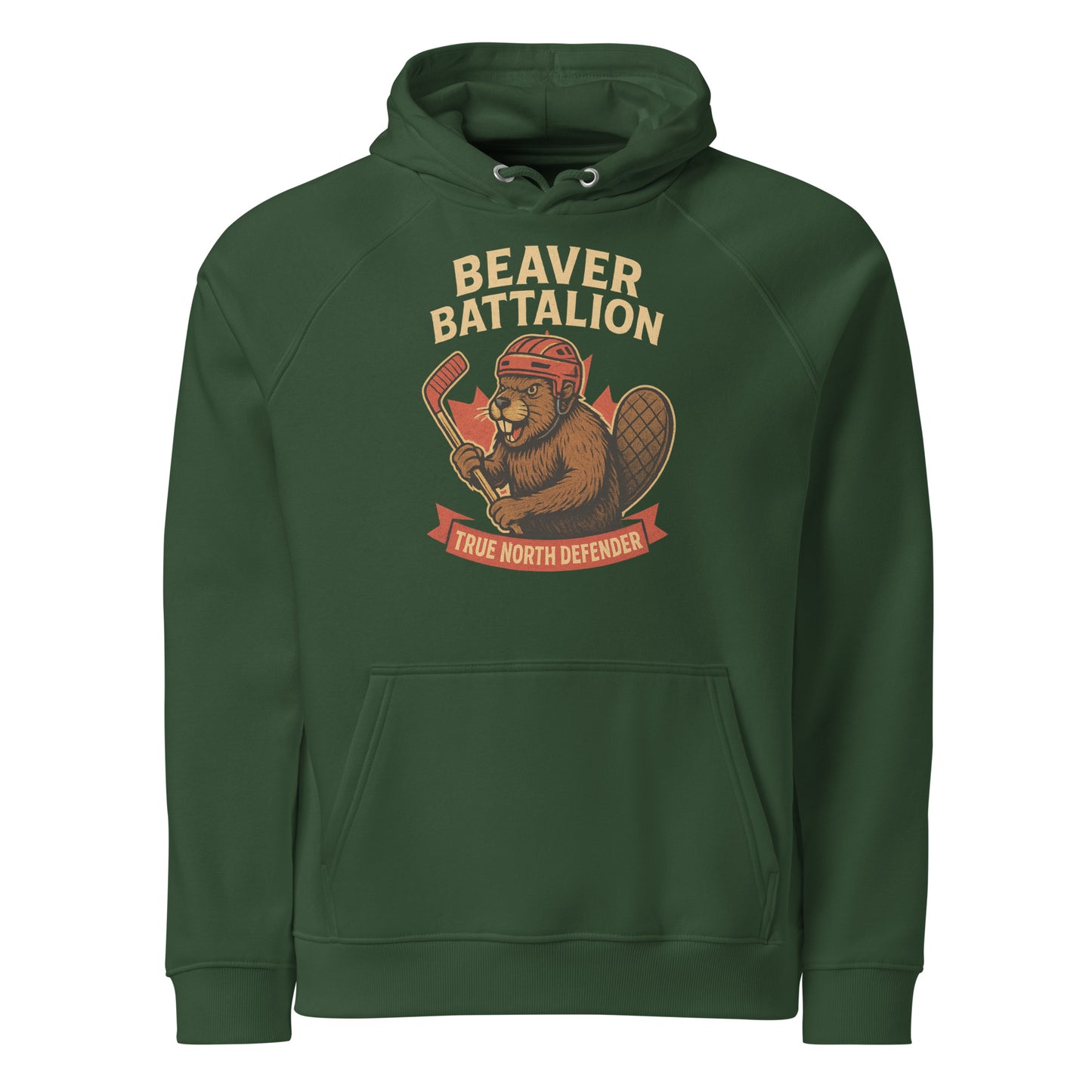 Beaver Battalion – True North Defender Unisex eco raglan hoodie  from Rare Plus Apparel – unique movie & pop culture inspired design.