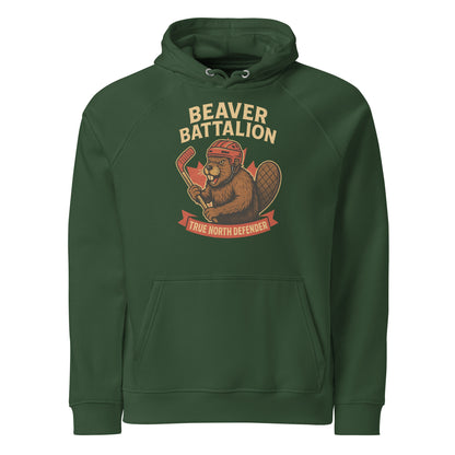 Beaver Battalion – True North Defender Unisex eco raglan hoodie  from Rare Plus Apparel – unique movie & pop culture inspired design.