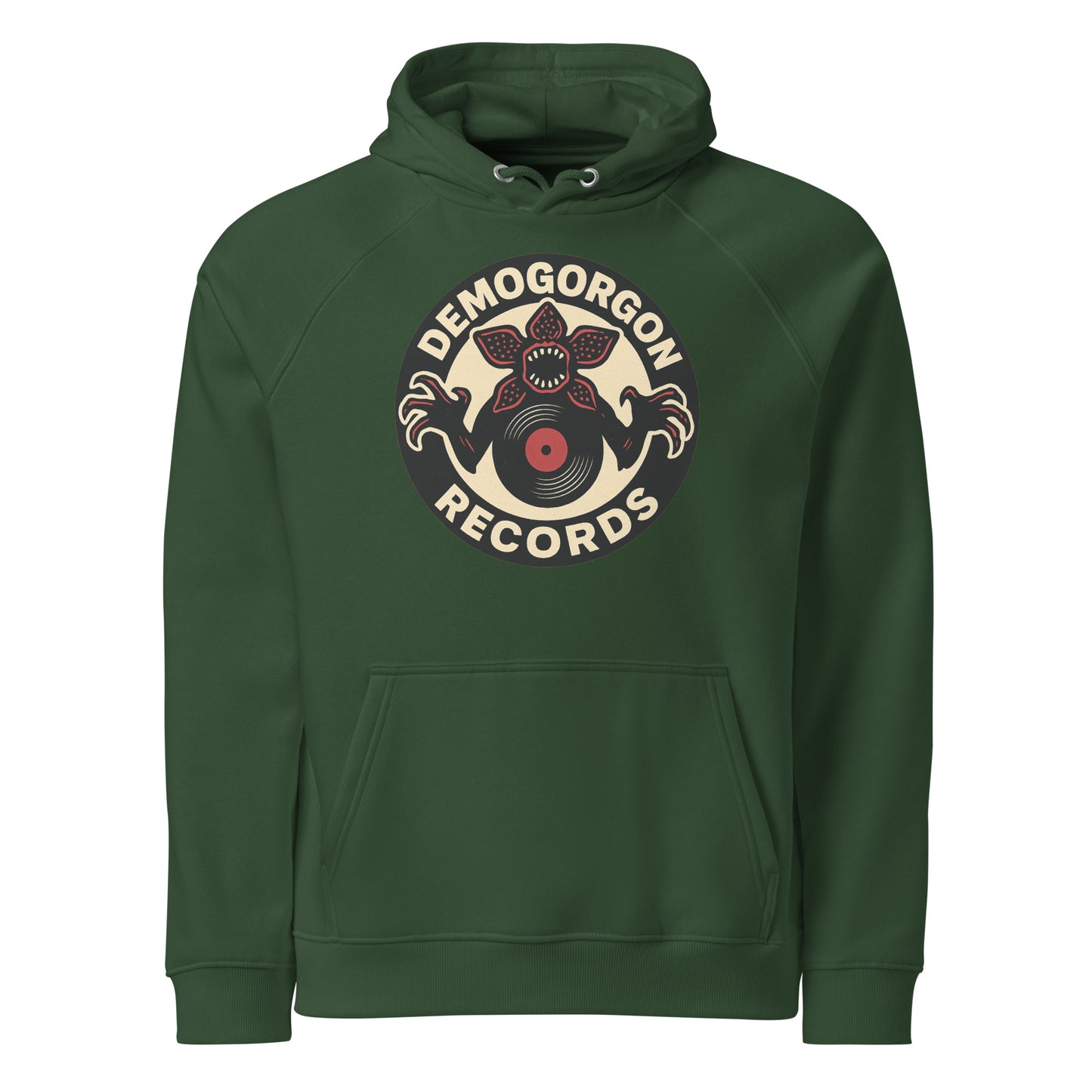 Demogorgon Records Unisex eco raglan hoodie  from Rare Plus Apparel – unique movie & pop culture inspired design.